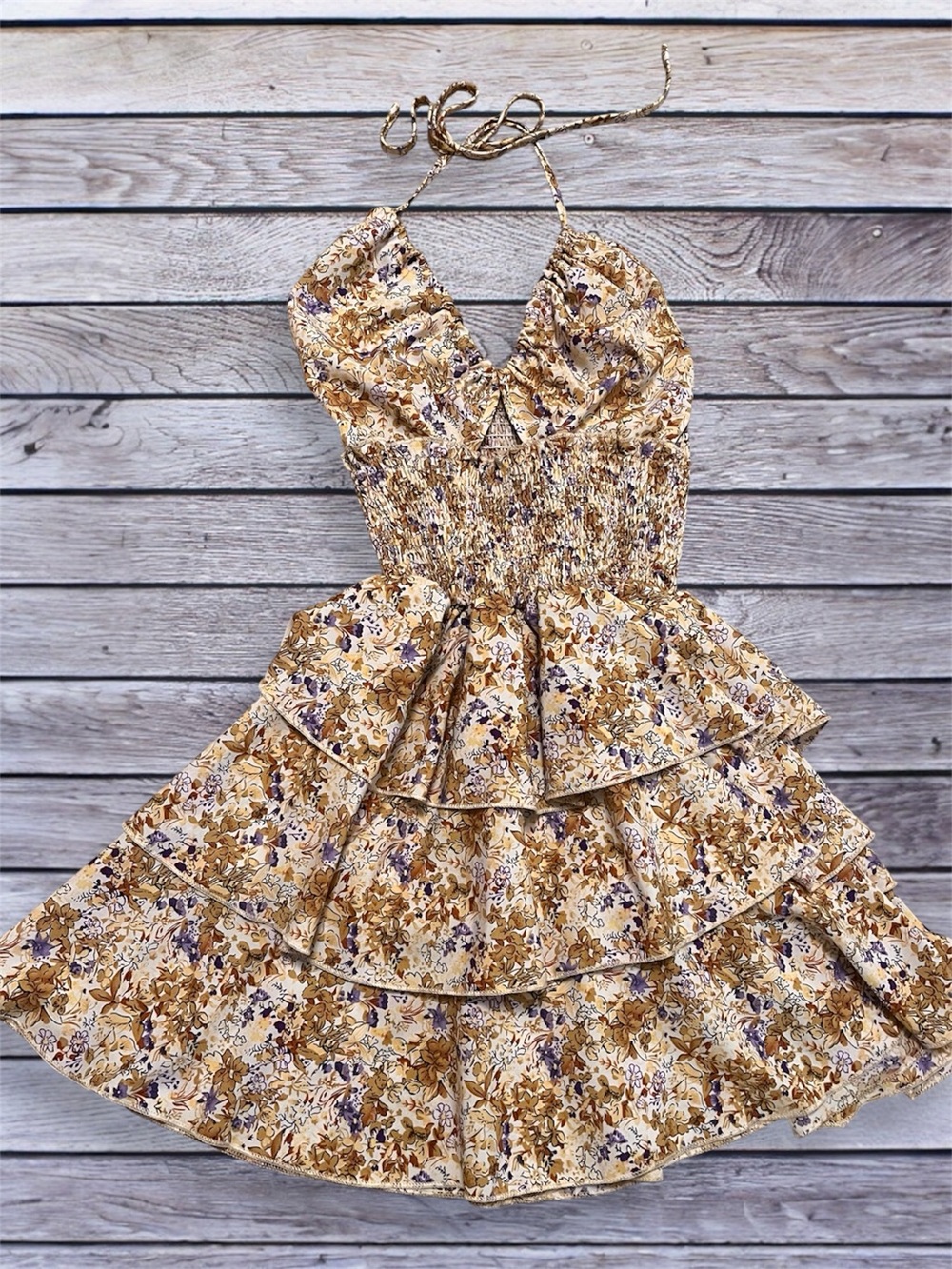 SHEIN Cream Floral Print Dress with Purple Accents small